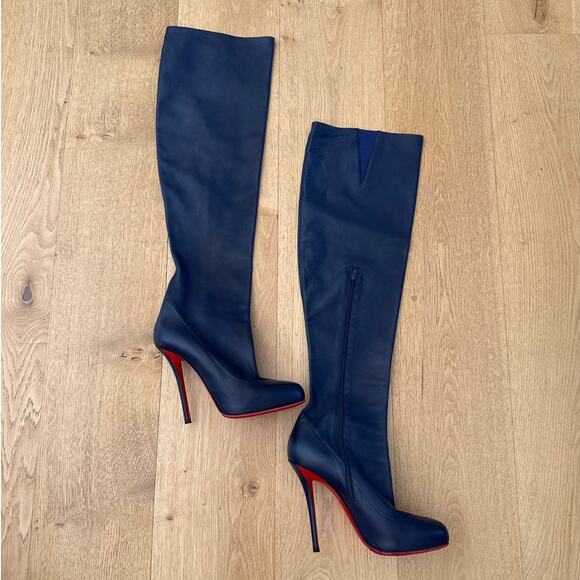 Christian Louboutin Stiletto Boots Sempre Monica Size 40 Navy Blue Red - Picture 1 of 6